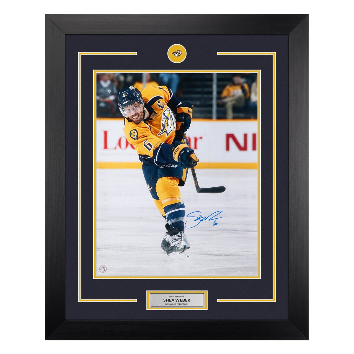 Shea Weber Autographed Nashville Predators Slapshot 26x32 Frame product image 1, provided for visual reference and product