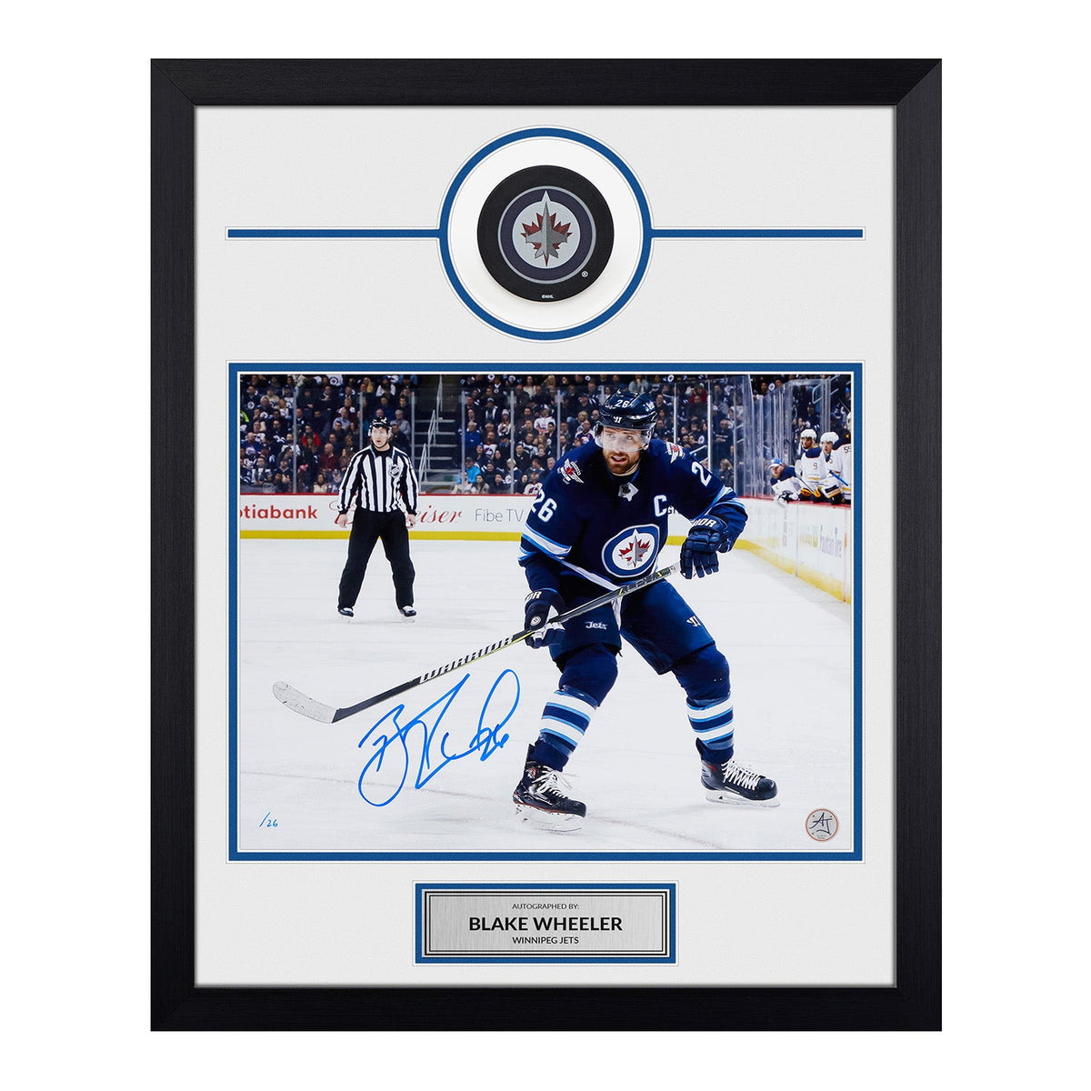 Blake Wheeler Signed Winnipeg Jets Puck Logo 19x23 Frame product image 1, provided for visual reference and product detail