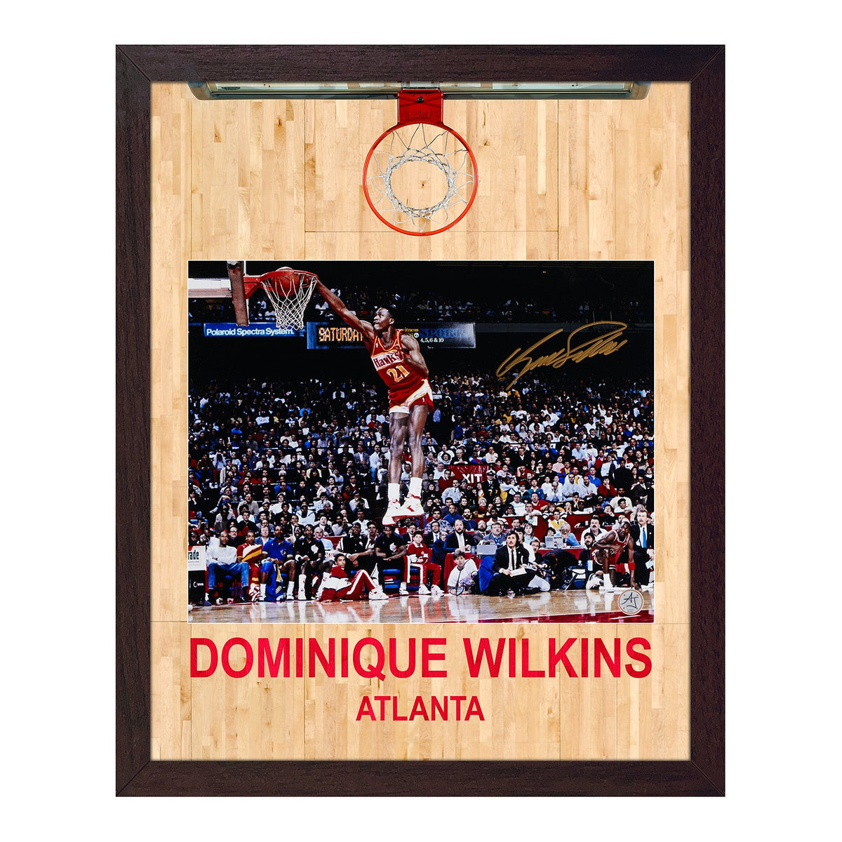 Dominique Wilkins Signed Atlanta Hawks Aerial Hoop Graphic 19x23 Frame product image 1, provided for visual reference and