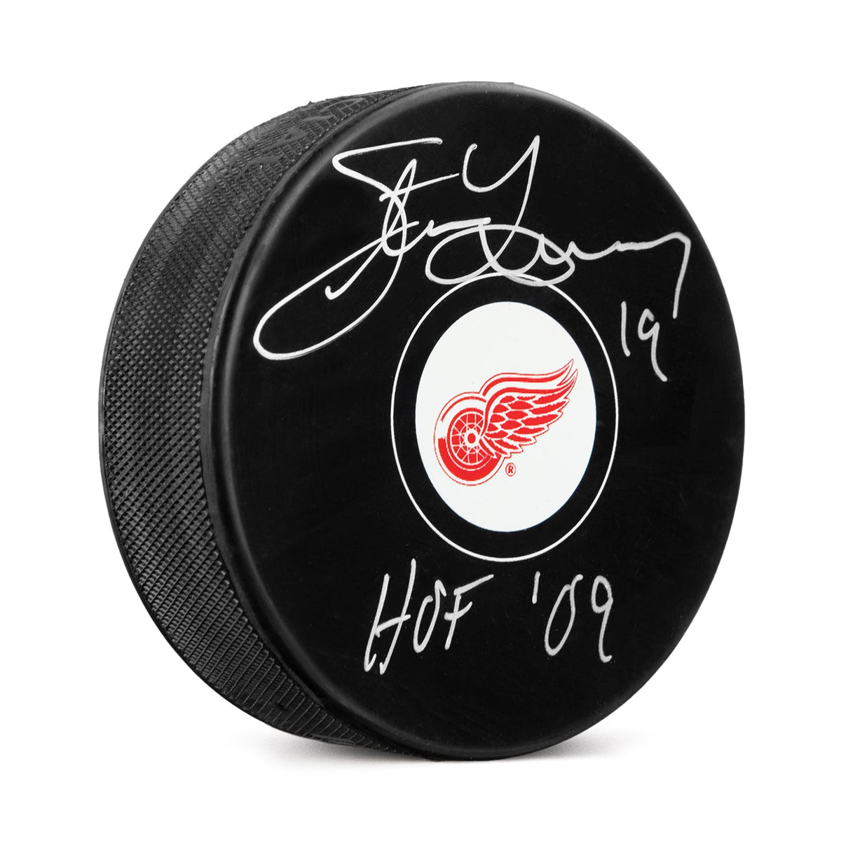 Steve Yzerman Autographed Detroit Red Wings Hockey Puck with HOF Note product image 1, provided for visual reference and