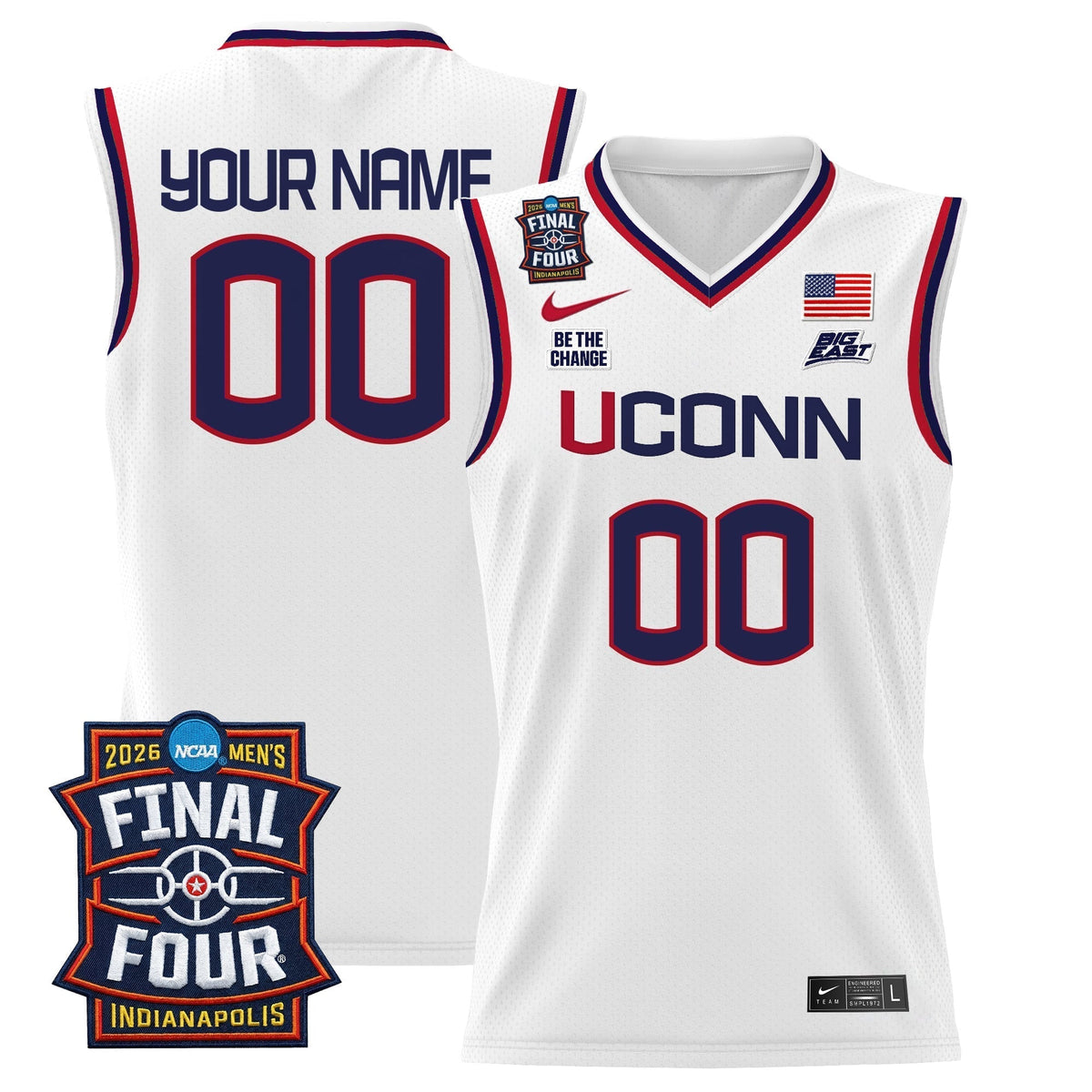 UCONN 2026 Final Four Patch Custom Basketball Jersey - Stitched product image 1, provided for visual reference and product