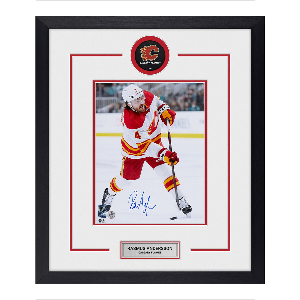 Rasmus Andersson Autographed Calgary Flames Puck Logo 23x27 Frame product image 1, provided for visual reference and product