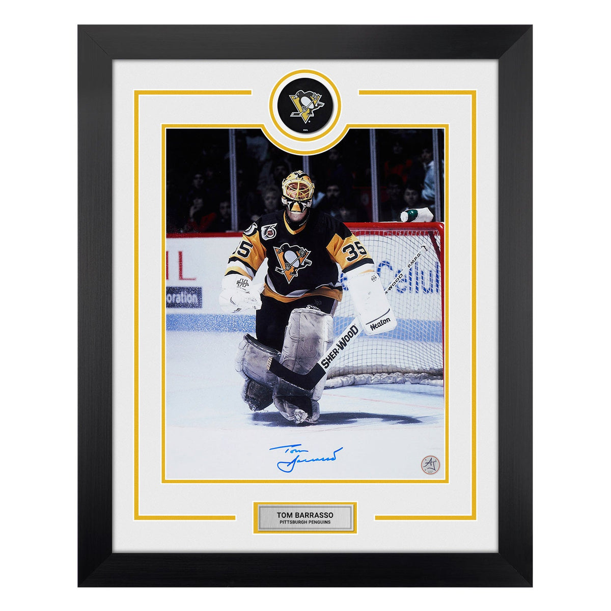 Tom Barrasso Signed Pittsburgh Penguins Puck Logo 26x32 Frame product image 1, provided for visual reference and product