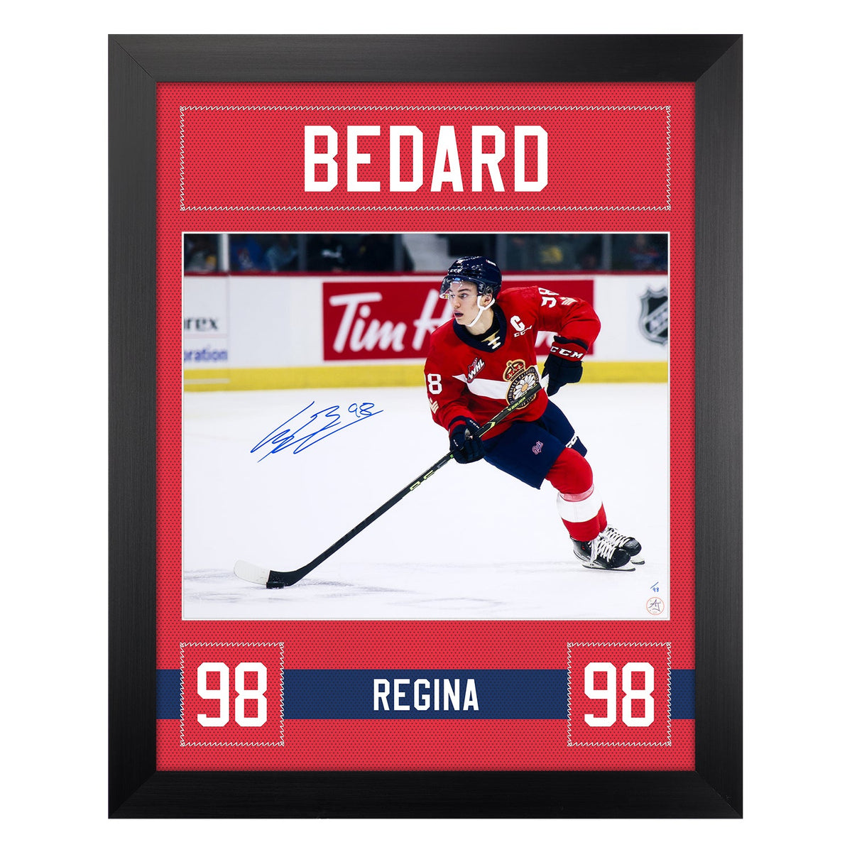 Connor Bedard Autographed Regina Pats Uniform Graphic 26x32 Frame #/98 product image 1, provided for visual reference and