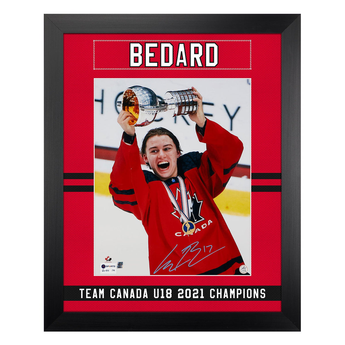 Connor Bedard Signed Team Canada U18 Gold Medal Uniform Graphic 26x32 Frame product image 1, provided for visual reference