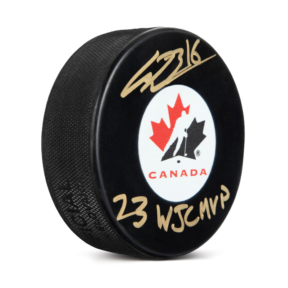 Connor Bedard Signed Team Canada Hockey Puck with 23 WJC MVP Note product image 1, provided for visual reference and product