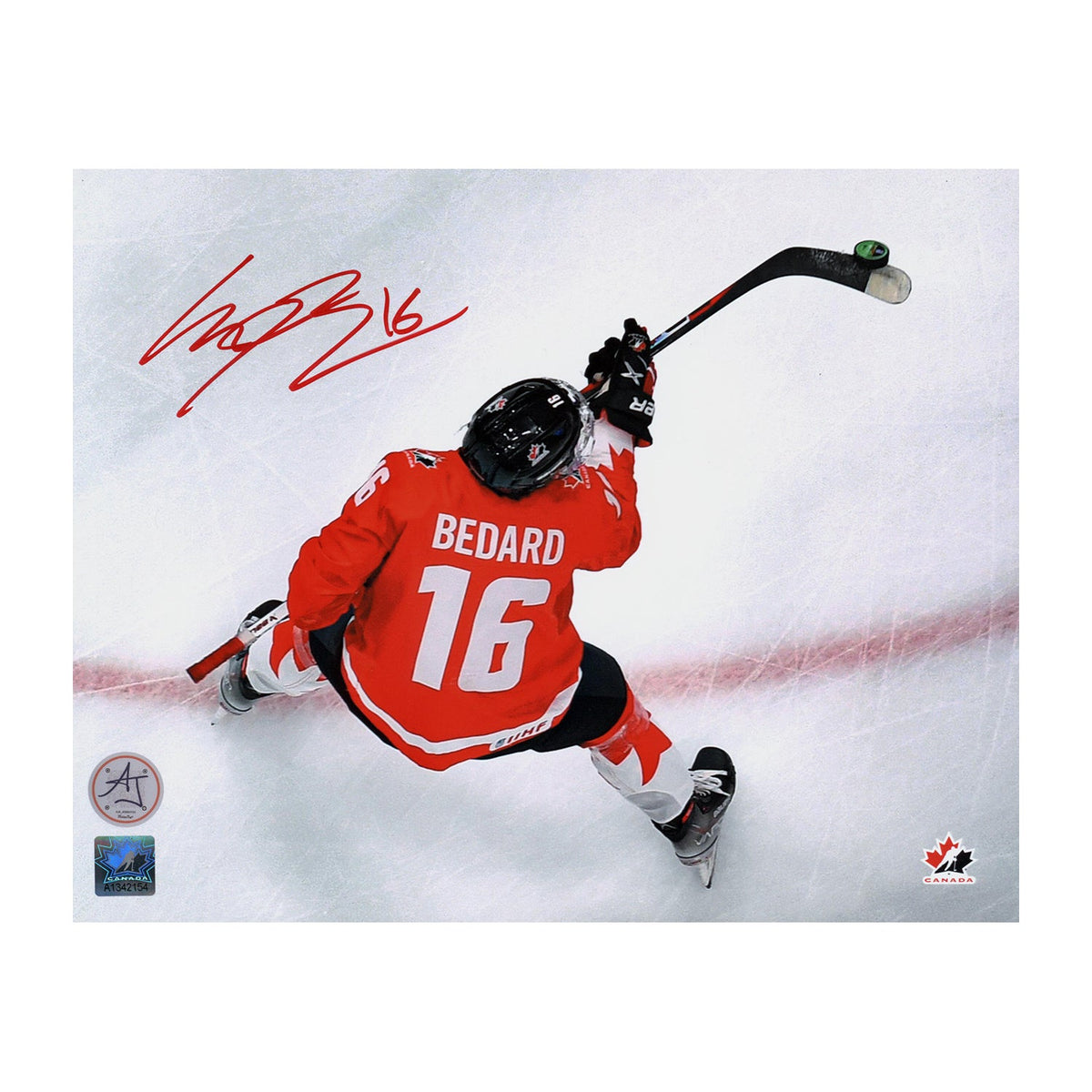Connor Bedard Autographed Team Canada Aerial View 8x10 Photo product image 1, provided for visual reference and product