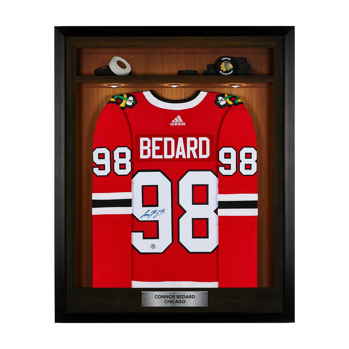 Connor Bedard Signed Chicago Blackhawks Locker Room 36x44 Jersey Frame product image 1, provided for visual reference and