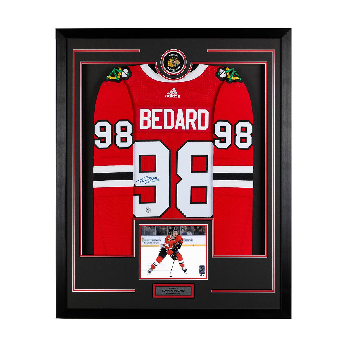 Connor Bedard Signed Chicago Blackhawks Puck Logo 36x44 Jersey Frame product image 1, provided for visual reference and