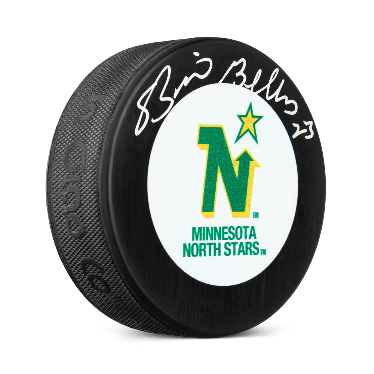 Brian Bellows Autographed Minnesota North Stars Retro Logo Puck product image 1, provided for visual reference and product