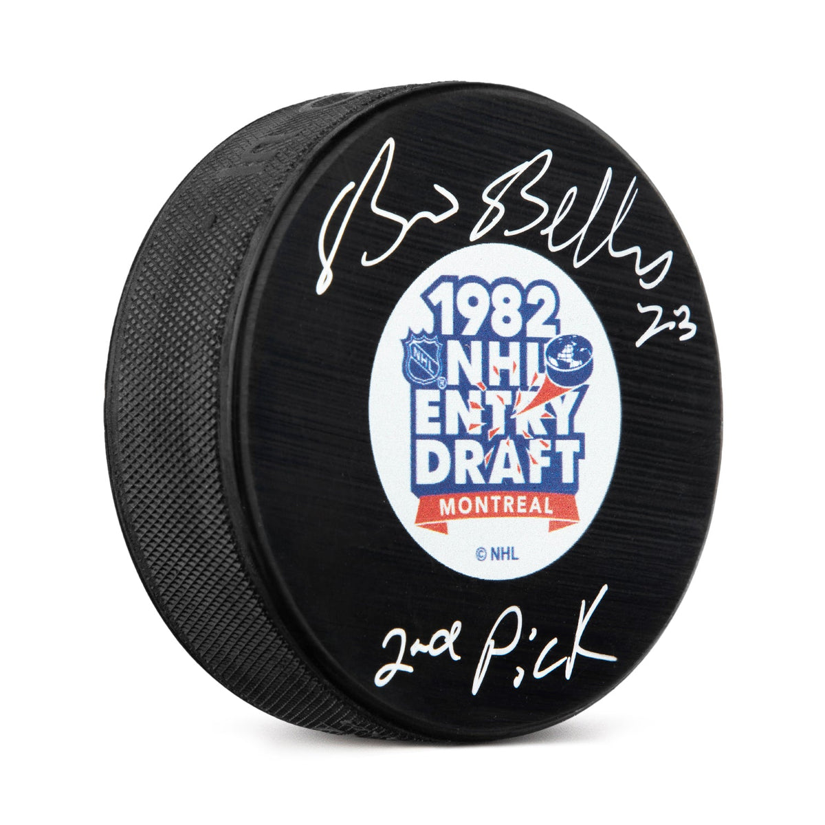 Brian Bellows Signed 1982 NHL Entry Draft Puck with 2nd Pick Note product image 1, provided for visual reference and product