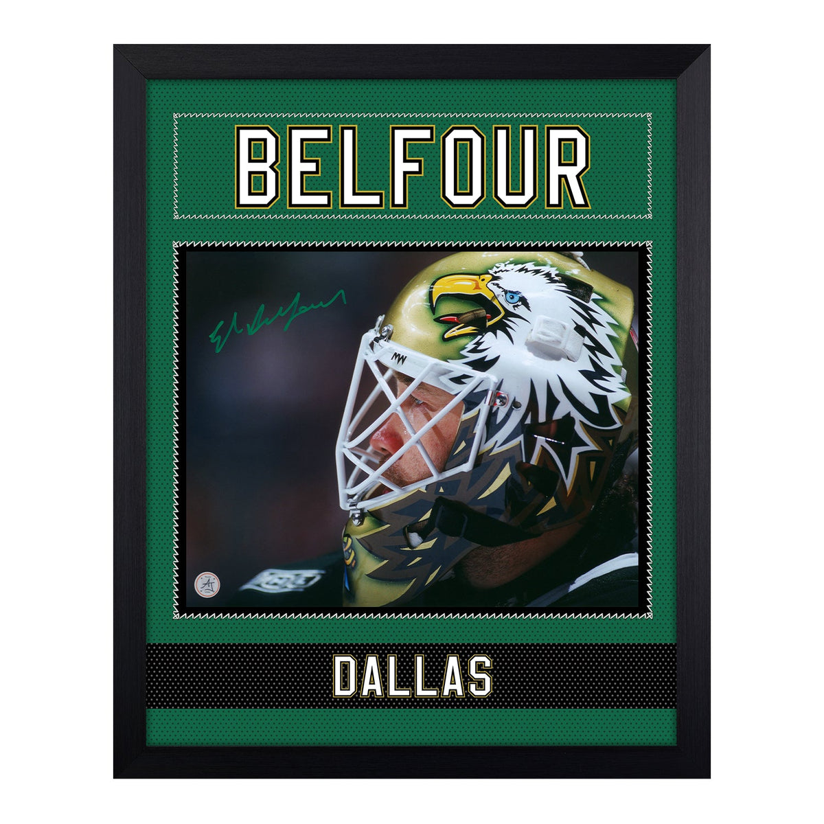 Ed Belfour Autographed Dallas Stars Uniform Graphic 19x23 Frame product image 1, provided for visual reference and product