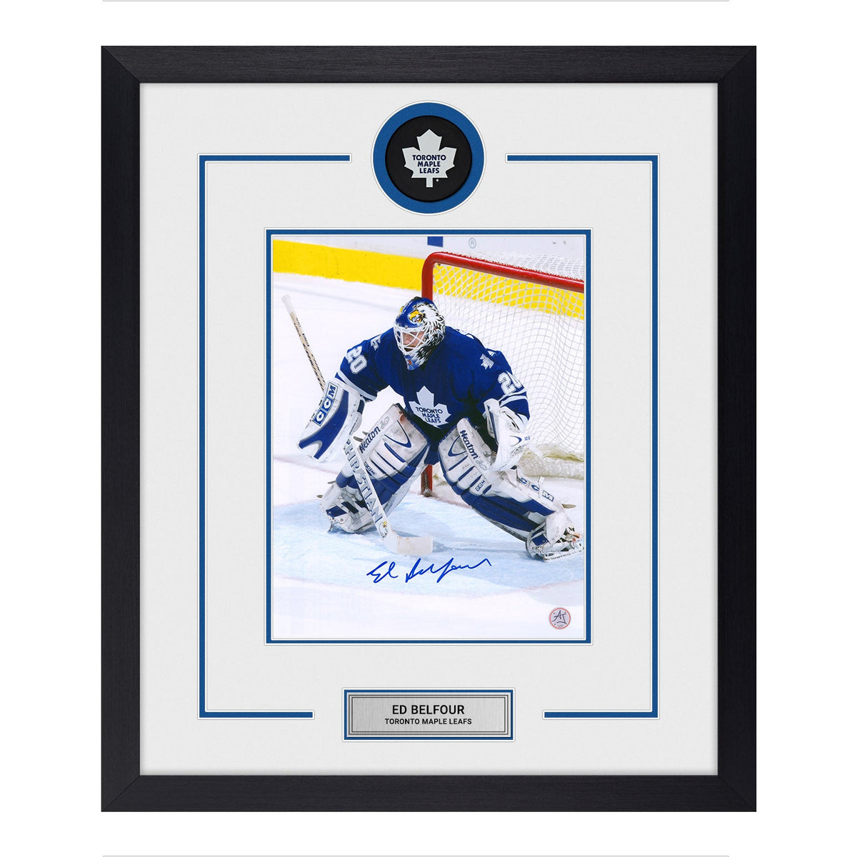 Ed Belfour Autographed Toronto Maple Leafs Puck Logo 23x27 Frame product image 1, provided for visual reference and product