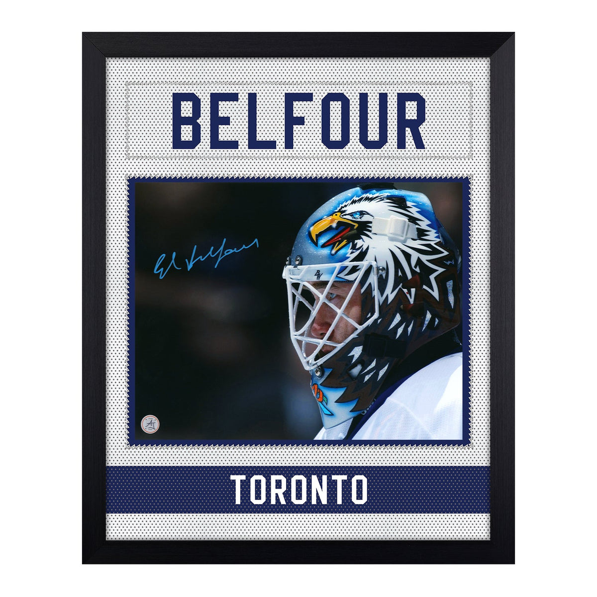 Ed Belfour Signed Toronto Maple Leafs Uniform Graphic 19x23 Frame product image 1, provided for visual reference and product