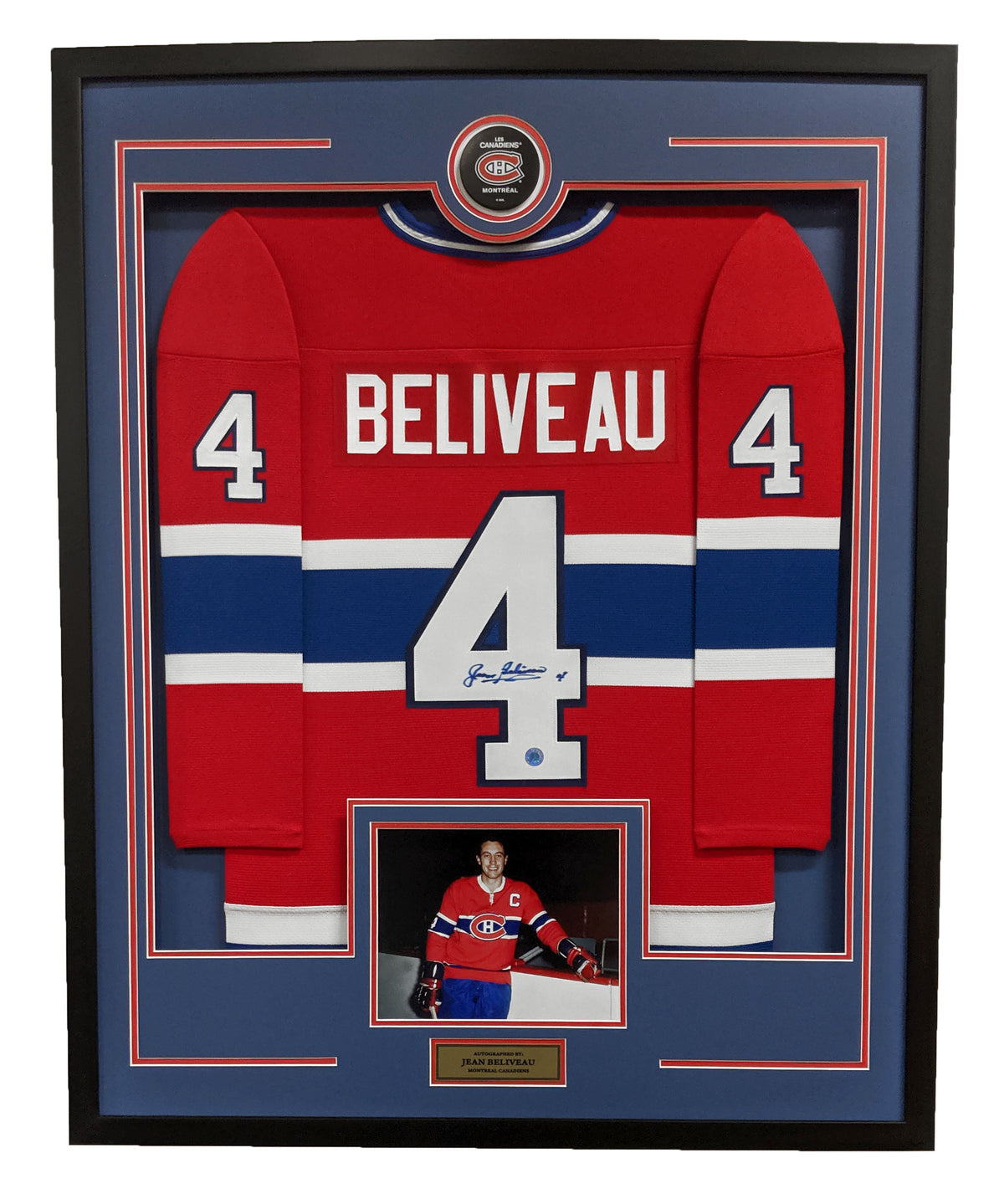 Jean Beliveau Signed Montreal Canadiens Puck Logo 36x44 Jersey Frame product image 1, provided for visual reference and