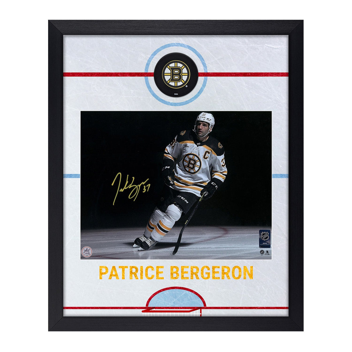 Patrice Bergeron Signed Boston Bruins Graphic Rink 19x23 Frame product image 1, provided for visual reference and product