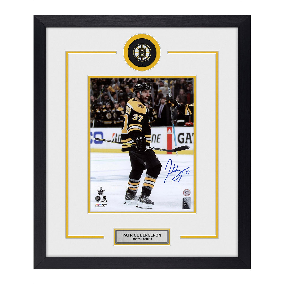 Patrice Bergeron Signed Boston Bruins Puck Logo 23x27 Frame product image 1, provided for visual reference and product