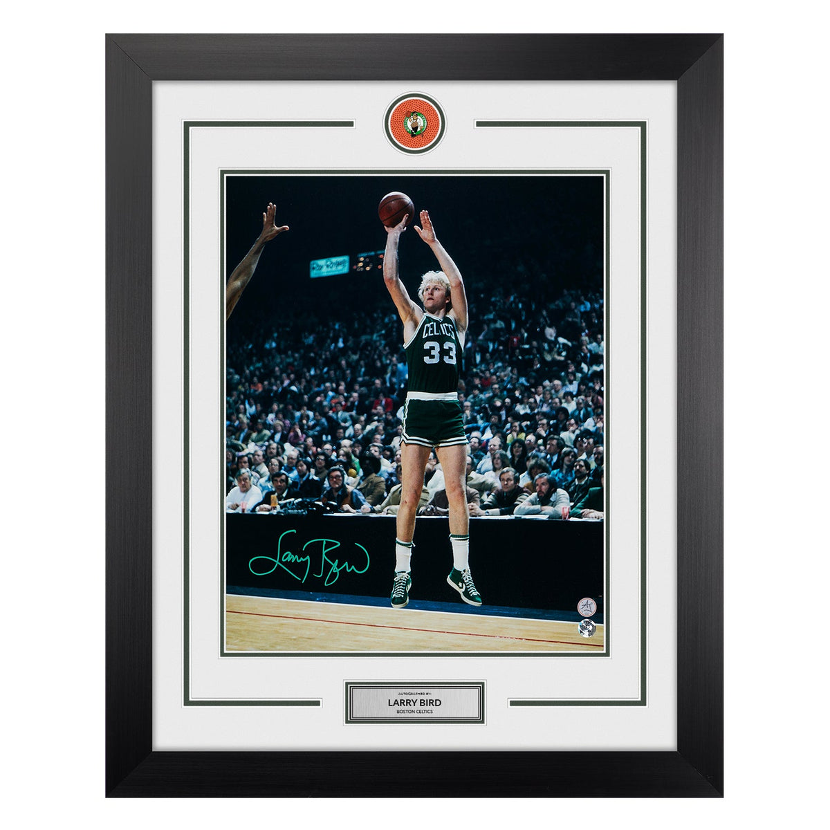Larry Bird Autographed Boston Celtics Basketball Logo 26x32 Frame product image 1, provided for visual reference and product