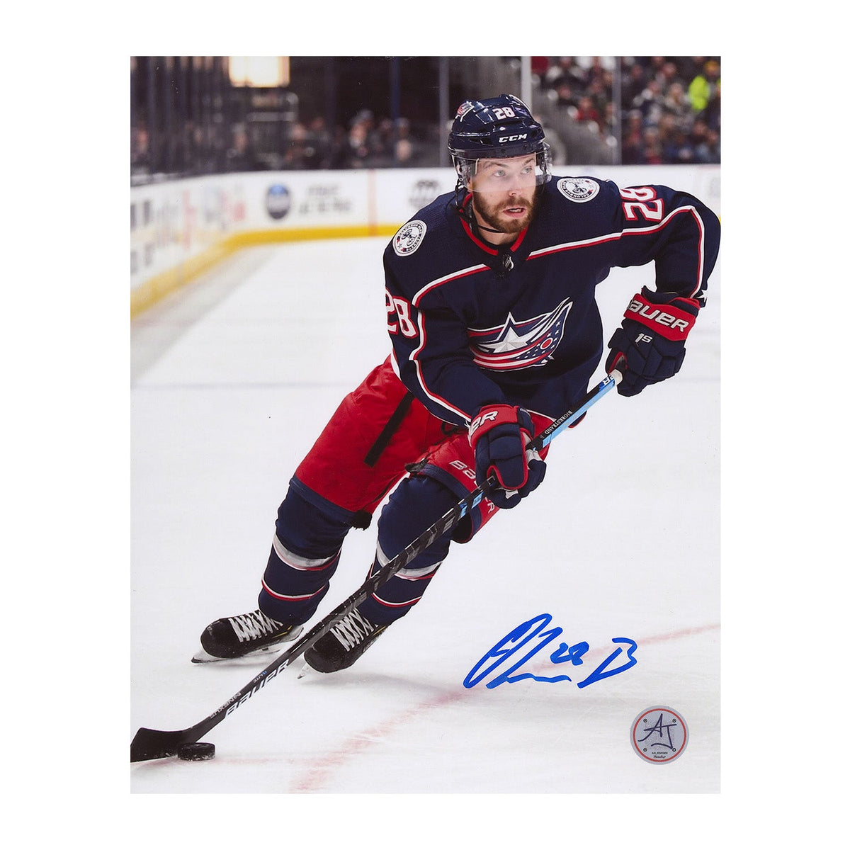 Oliver Bjorkstrand Signed Columbus Blue Jackets Puck Rush 8x10 Photo product image 1, provided for visual reference and