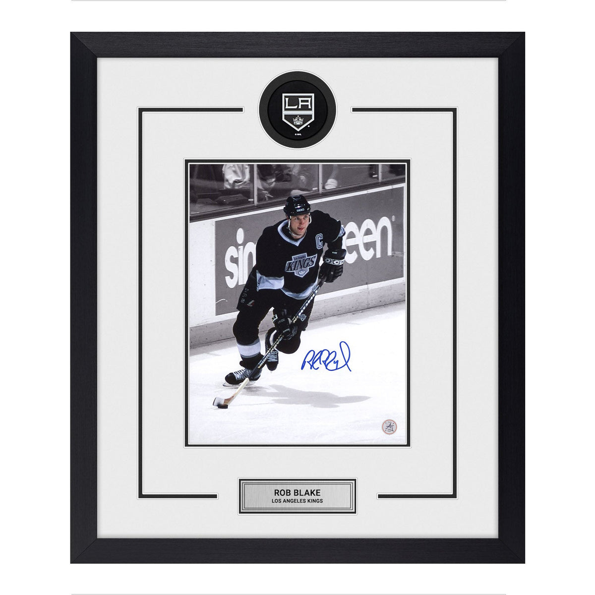 Rob Blake Autographed Los Angeles Kings Puck Logo 23x27 Frame product image 1, provided for visual reference and product
