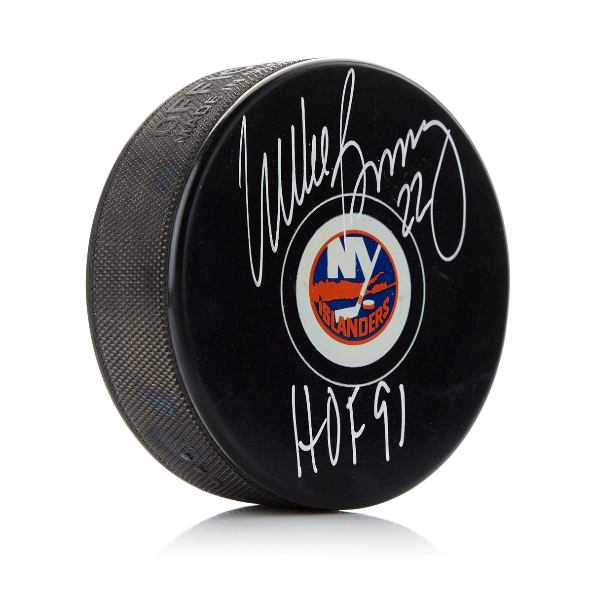 Mike Bossy Autographed New York Islanders Hockey Puck with HOF Note product image 1, provided for visual reference and