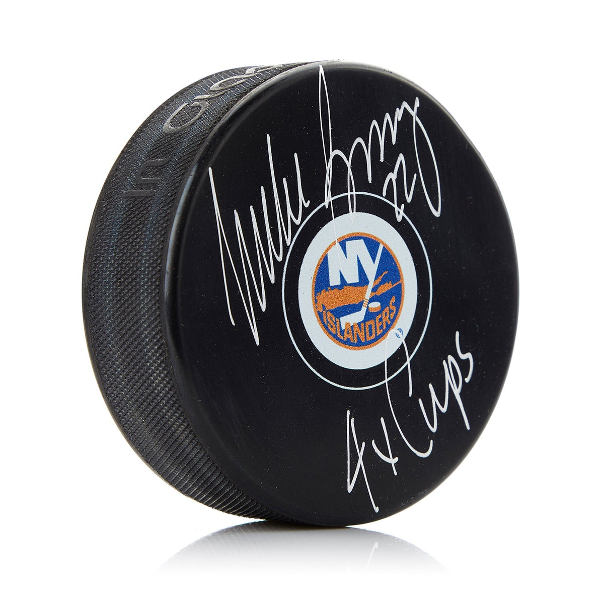Mike Bossy Signed New York Islanders Hockey Puck with 4 Cups Note product image 1, provided for visual reference and product