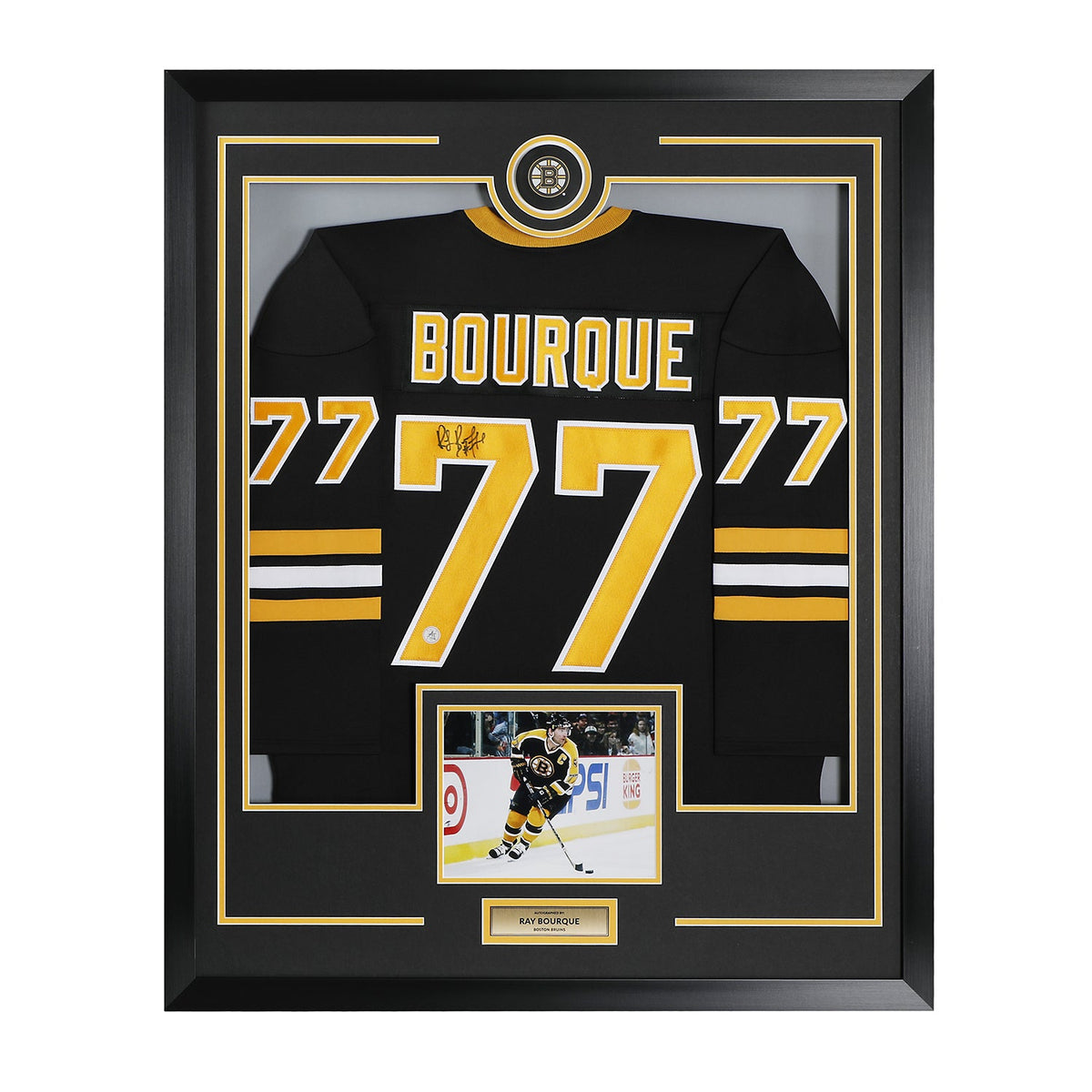 Ray Bourque Signed Boston Bruins Puck Logo 36x44 Jersey Frame product image 1, provided for visual reference and product