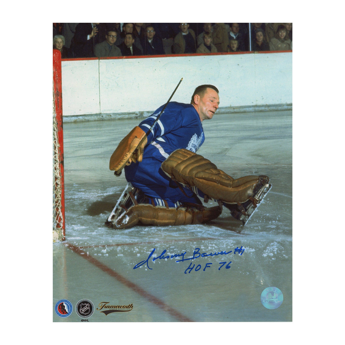 Johnny Bower Signed Toronto Maple Leafs Kick Save 8x10 Photo with HOF Note product image 1, provided for visual reference