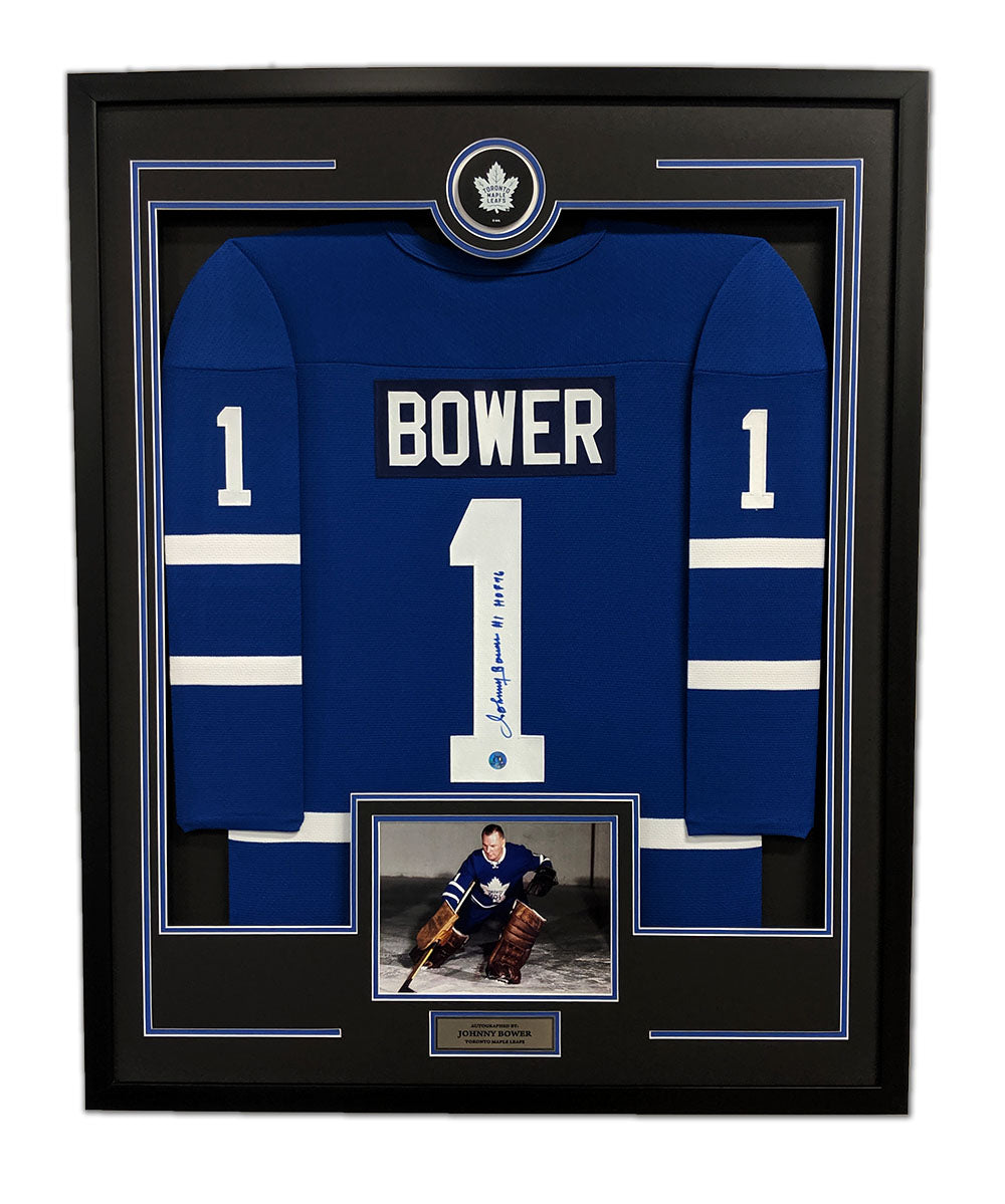 Johnny Bower Signed Toronto Maple Leafs Puck Logo 36x44 Jersey Frame product image 1, provided for visual reference and