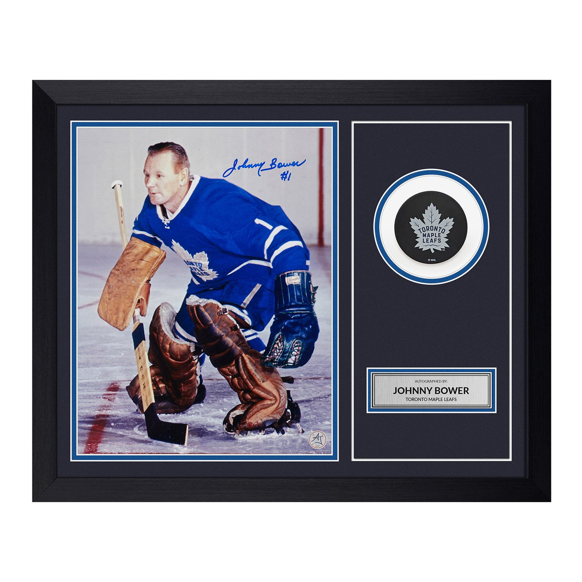 Johnny Bower Signed Toronto Maple Leafs Puck Logo 19x23 Frame product image 1, provided for visual reference and product