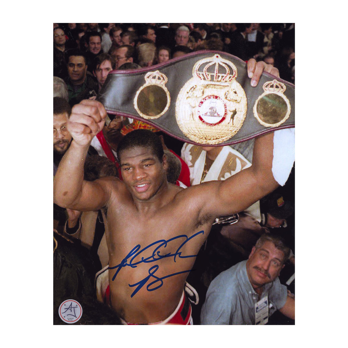 Riddick Bowe Autographed Boxing Heavyweight Champion with Belt 8x10 Photo product image 1, provided for visual reference and