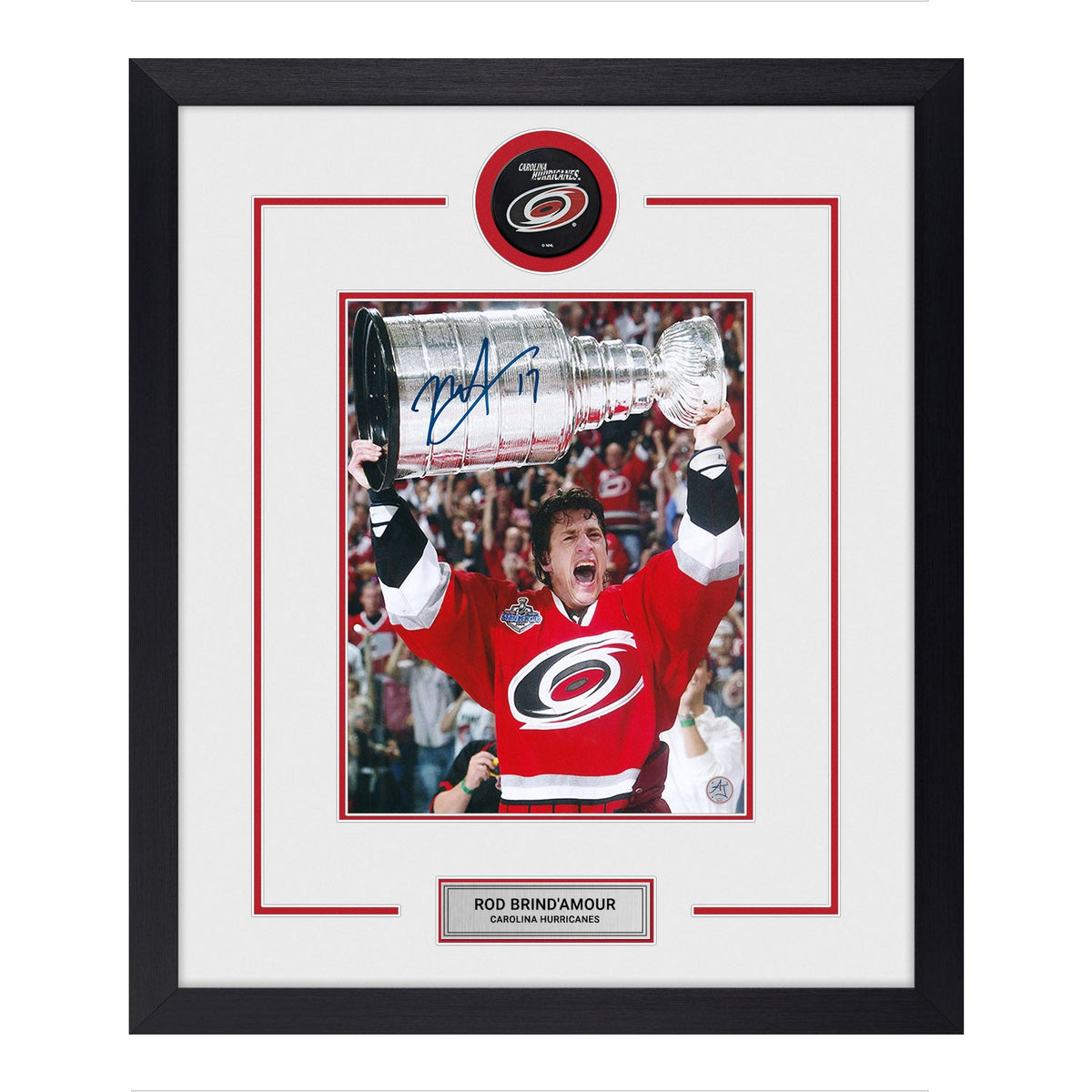 Rod Brind'Amour Signed Carolina Hurricanes Puck Logo 22x26 Frame product image 1, provided for visual reference and product