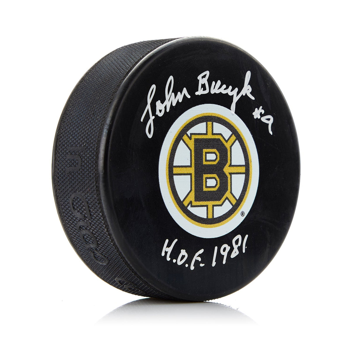 Johnny Bucyk Autographed Boston Bruins Hockey Puck with HOF Note product image 1, provided for visual reference and product