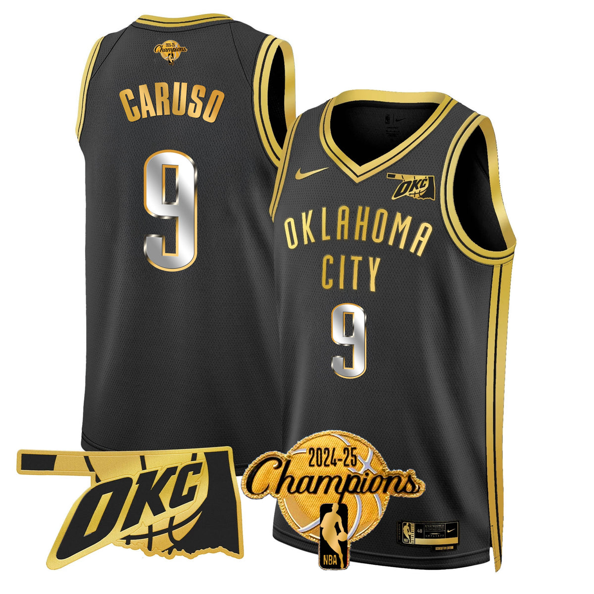 The Thunder 2024-25 Champions Black Gold Jersey - Stitched product image 12, provided for visual reference and product