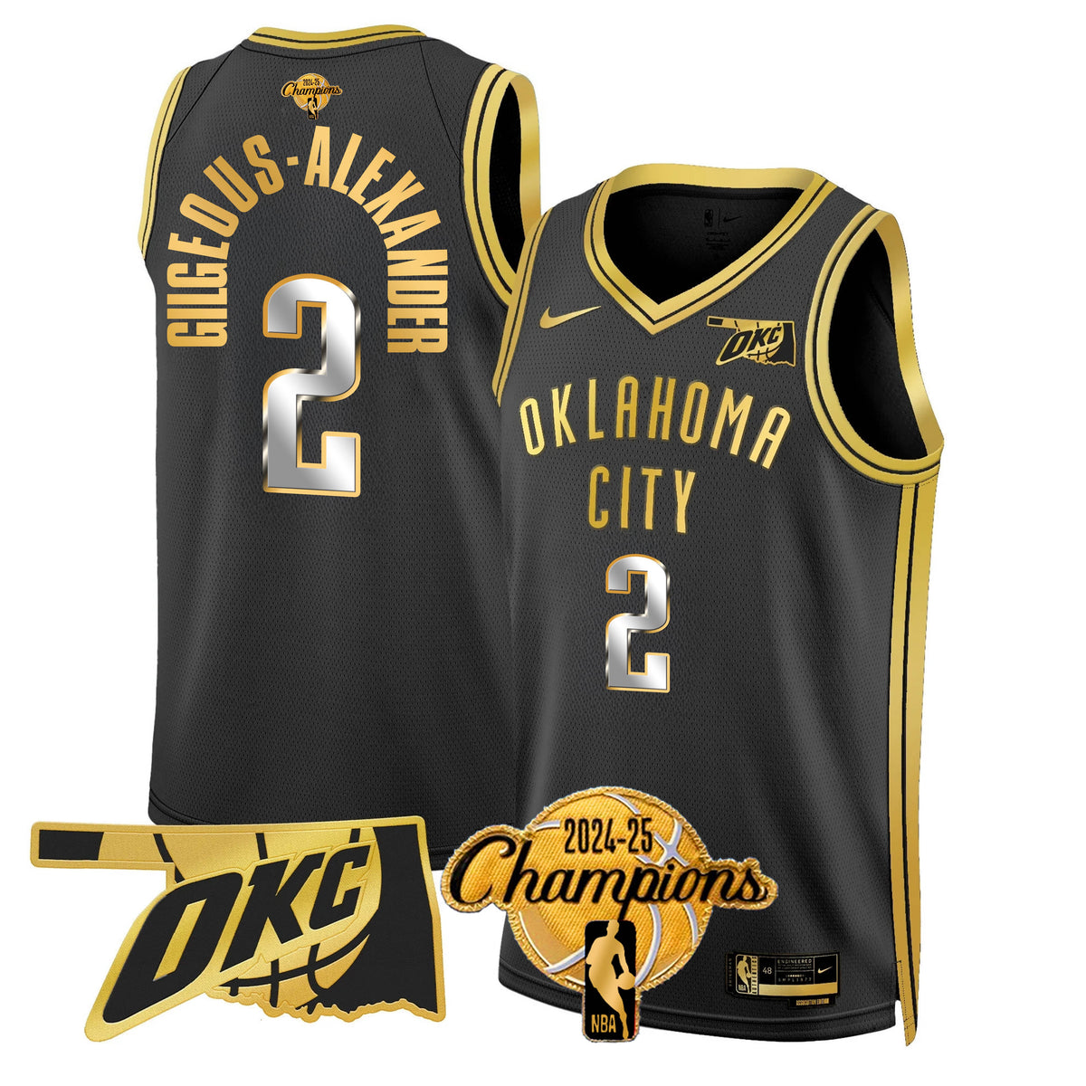 The Thunder 2024-25 Champions Black Gold Jersey - Stitched product image 2, provided for visual reference and product detail