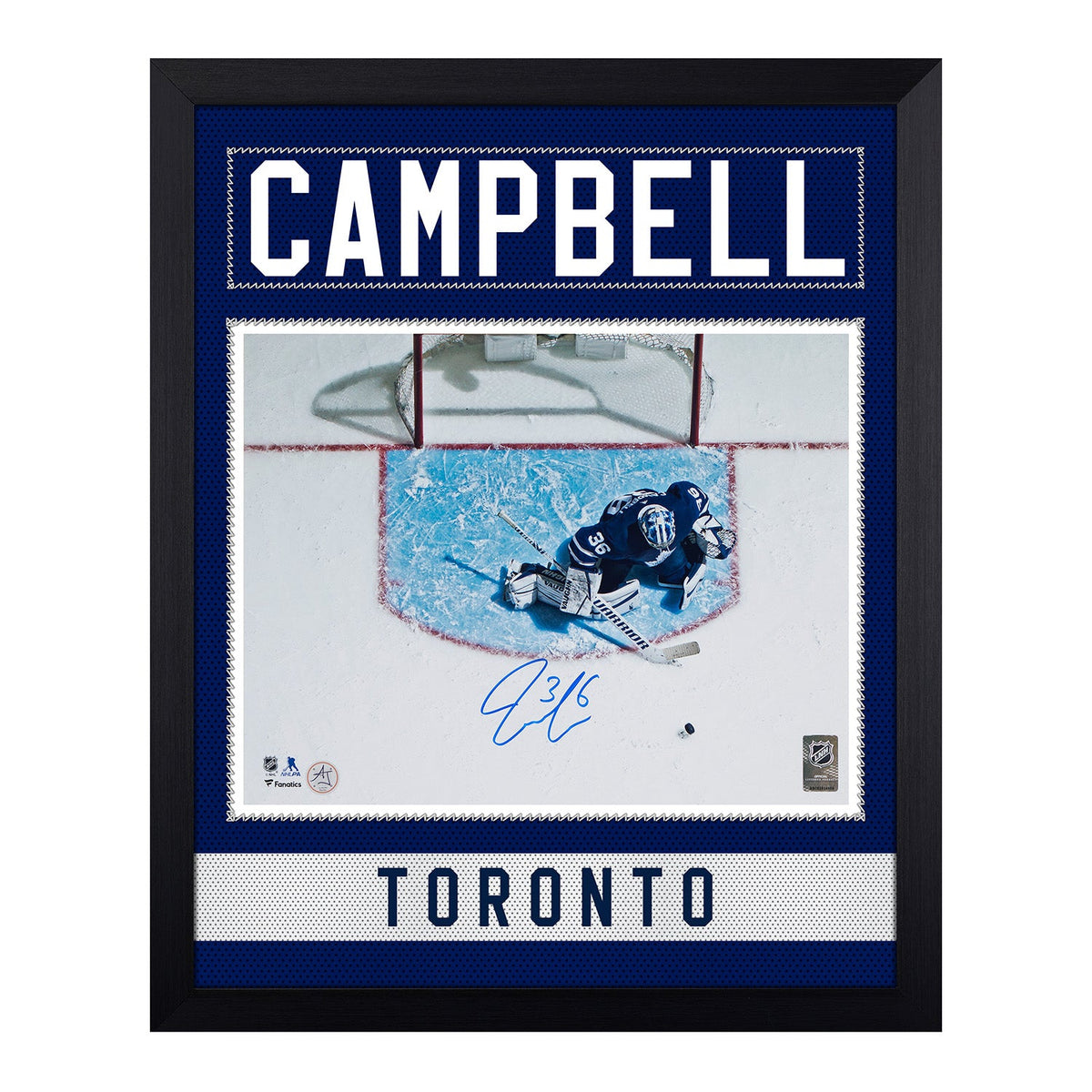 Jack Campbell Autographed Toronto Maple Leafs Uniform Graphic 19x23 Frame product image 1, provided for visual reference and