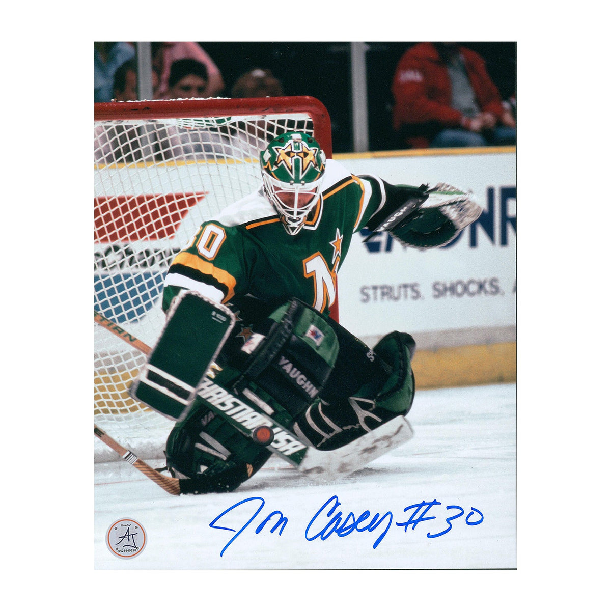 Jon Casey Autographed Minnesota North Stars Kick Save 8x10 Photo product image 1, provided for visual reference and product