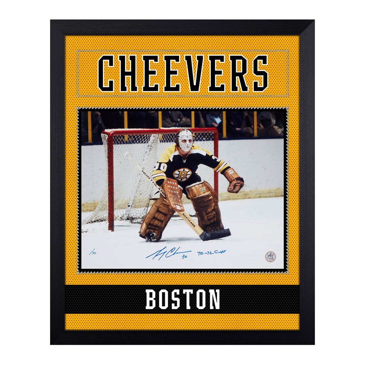 Gerry Cheevers Signed Boston Bruins Uniform Graphic 19x23 Frame product image 1, provided for visual reference and product