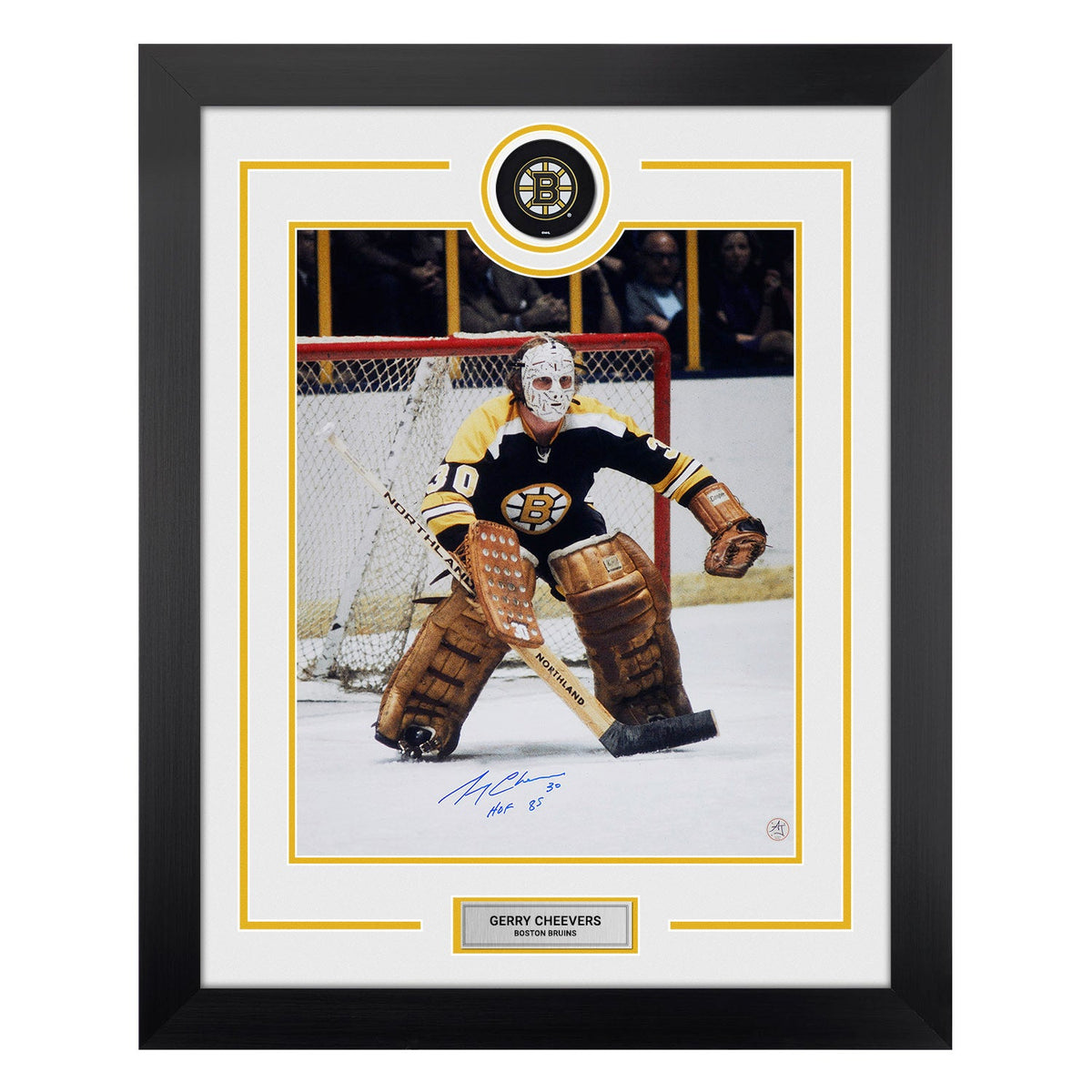 Gerry Cheevers Signed Boston Bruins Puck Logo 26x32 Frame product image 1, provided for visual reference and product detail