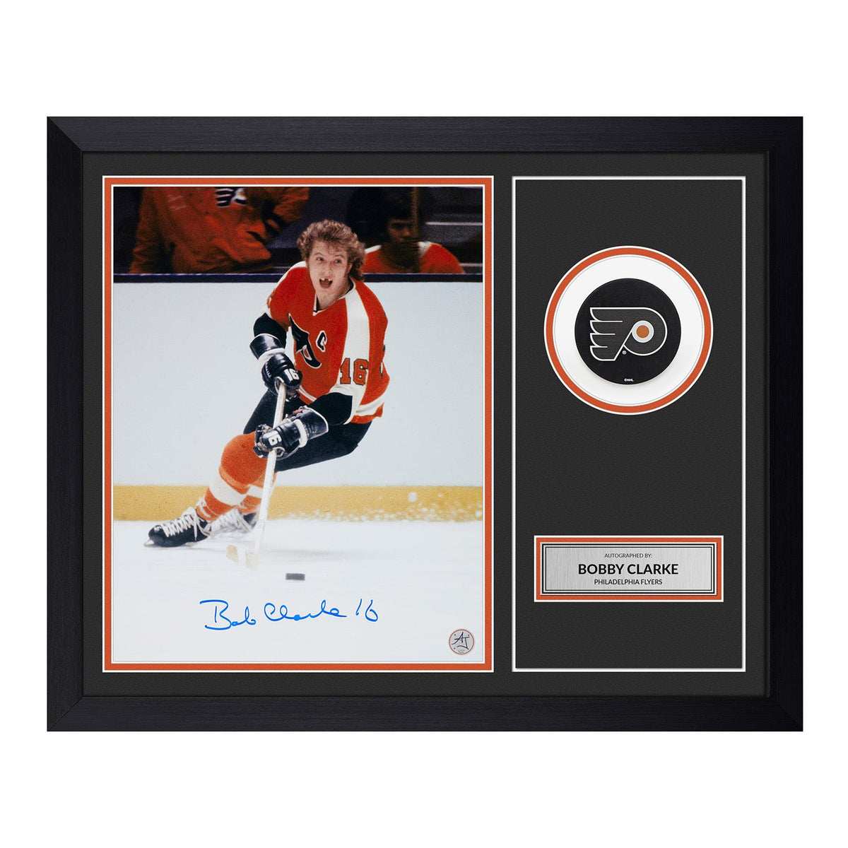 Bobby Clarke Signed Philadelphia Flyers Puck Logo 19x23 Frame product image 1, provided for visual reference and product