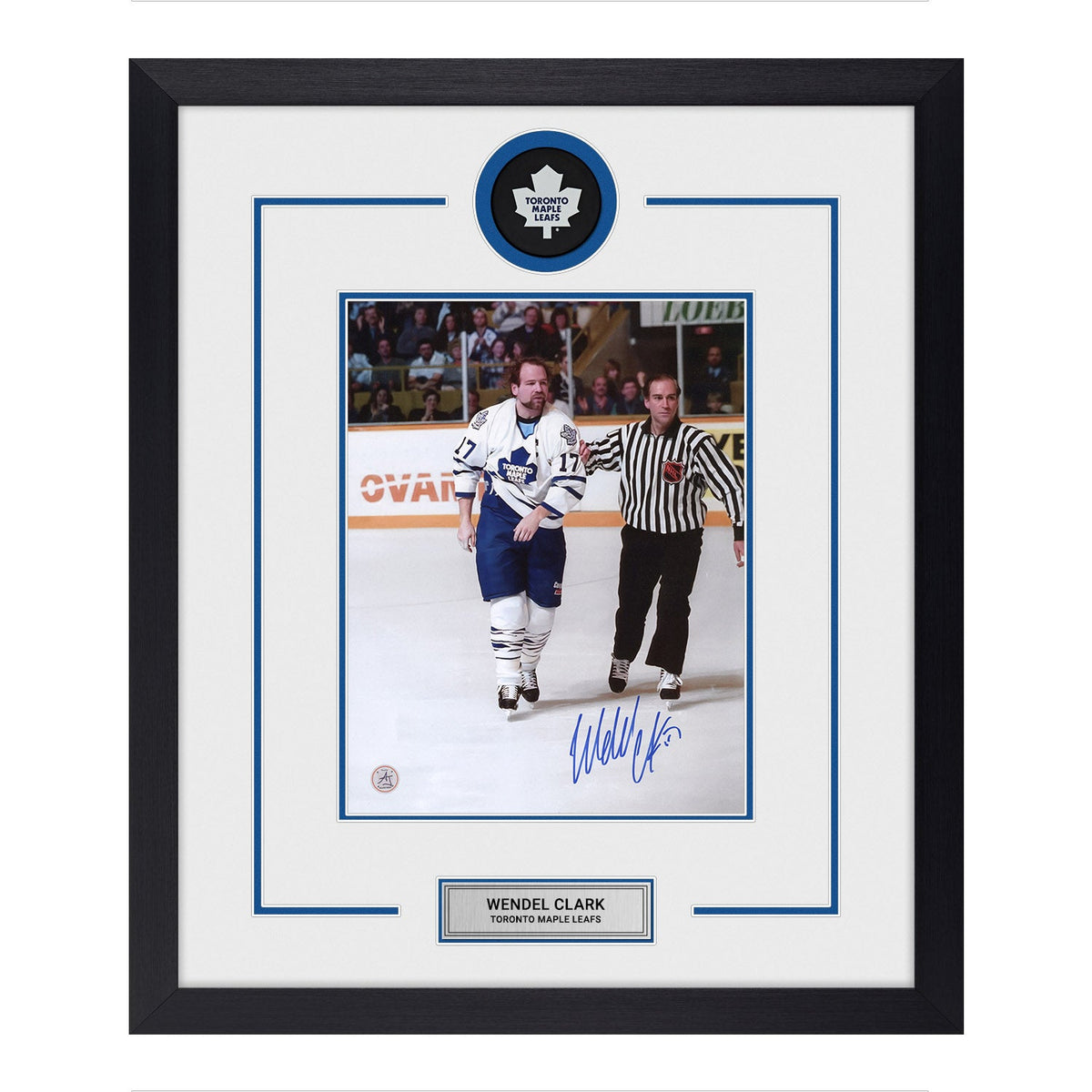 Wendel Clark Autographed Toronto Maple Leafs Puck Logo 23x27 Frame product image 1, provided for visual reference and