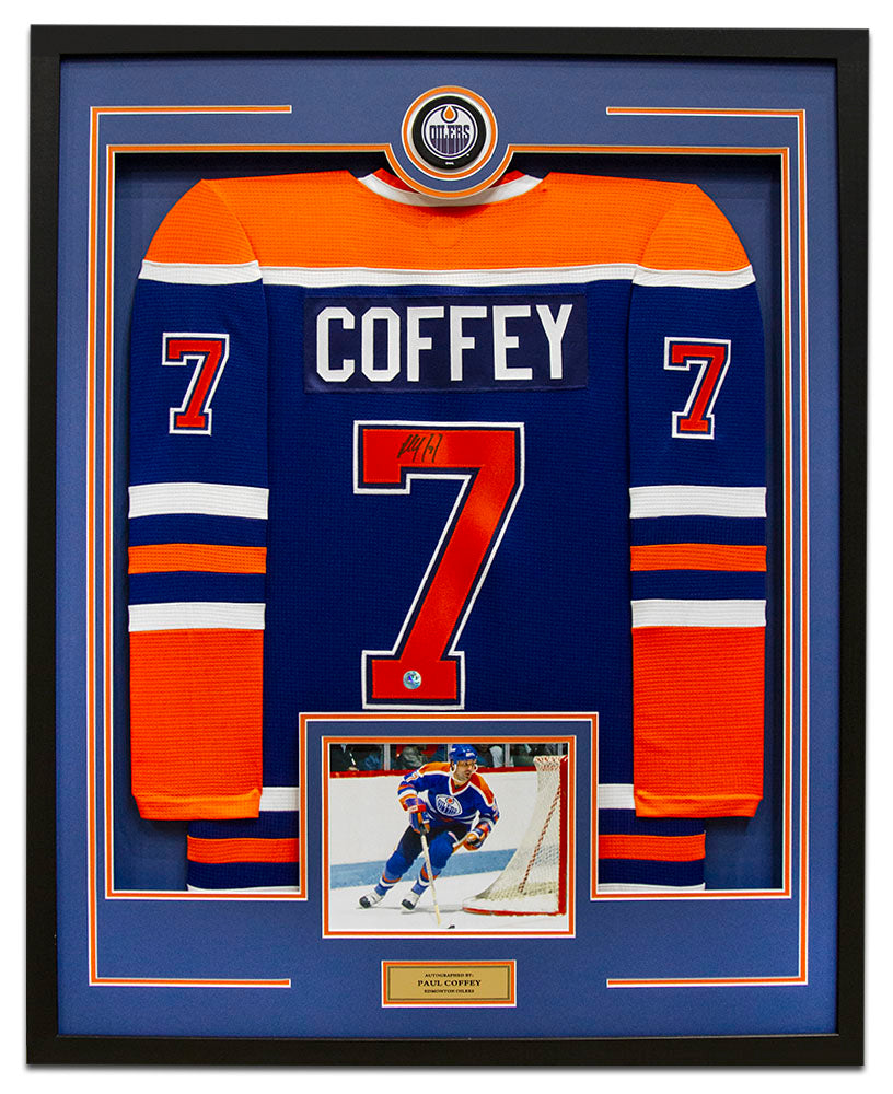 Paul Coffey Signed Edmonton Oilers Puck Logo 36x44 Jersey Frame product image 1, provided for visual reference and product