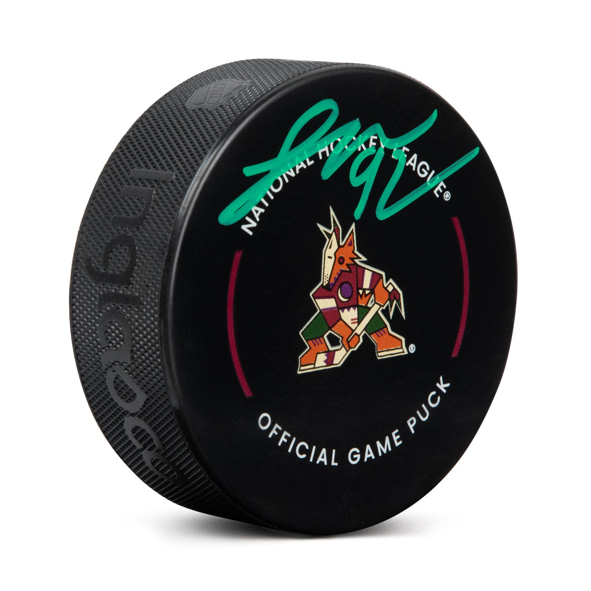 Logan Cooley Autographed Arizona Coyotes Official Game Puck product image 1, provided for visual reference and product
