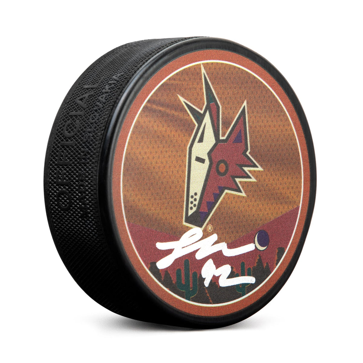 Logan Cooley Signed Arizona Coyotes Stitch Design Hockey Puck product image 1, provided for visual reference and product