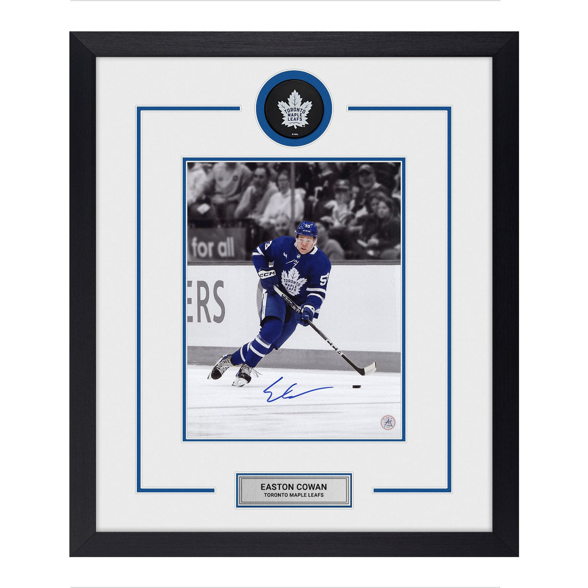 Easton Cowan Autographed Toronto Maple Leafs Puck Logo 23x27 Frame product image 1, provided for visual reference and