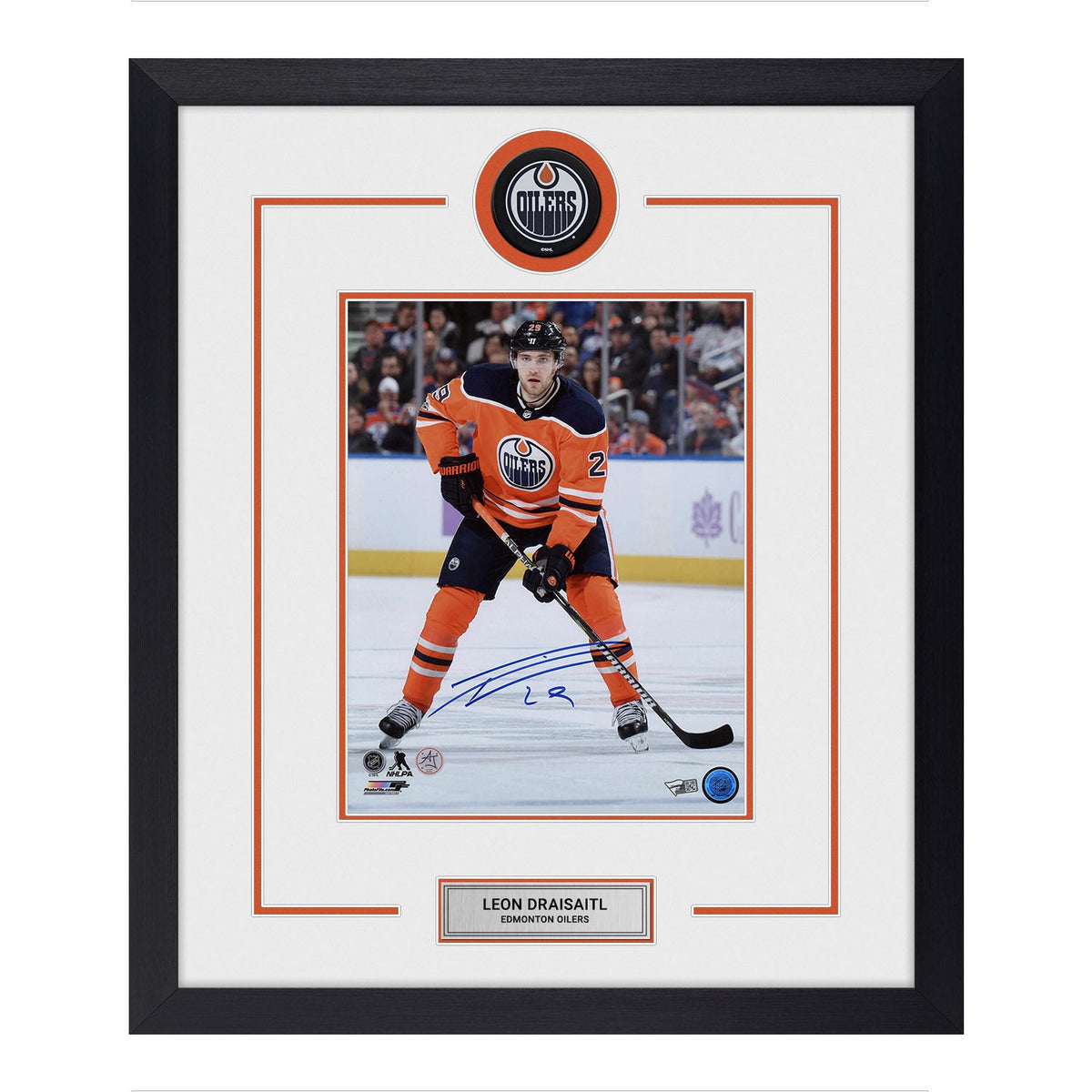 Leon Draisaitl Autographed Edmonton Oilers Puck Logo 23x27 Frame product image 1, provided for visual reference and product