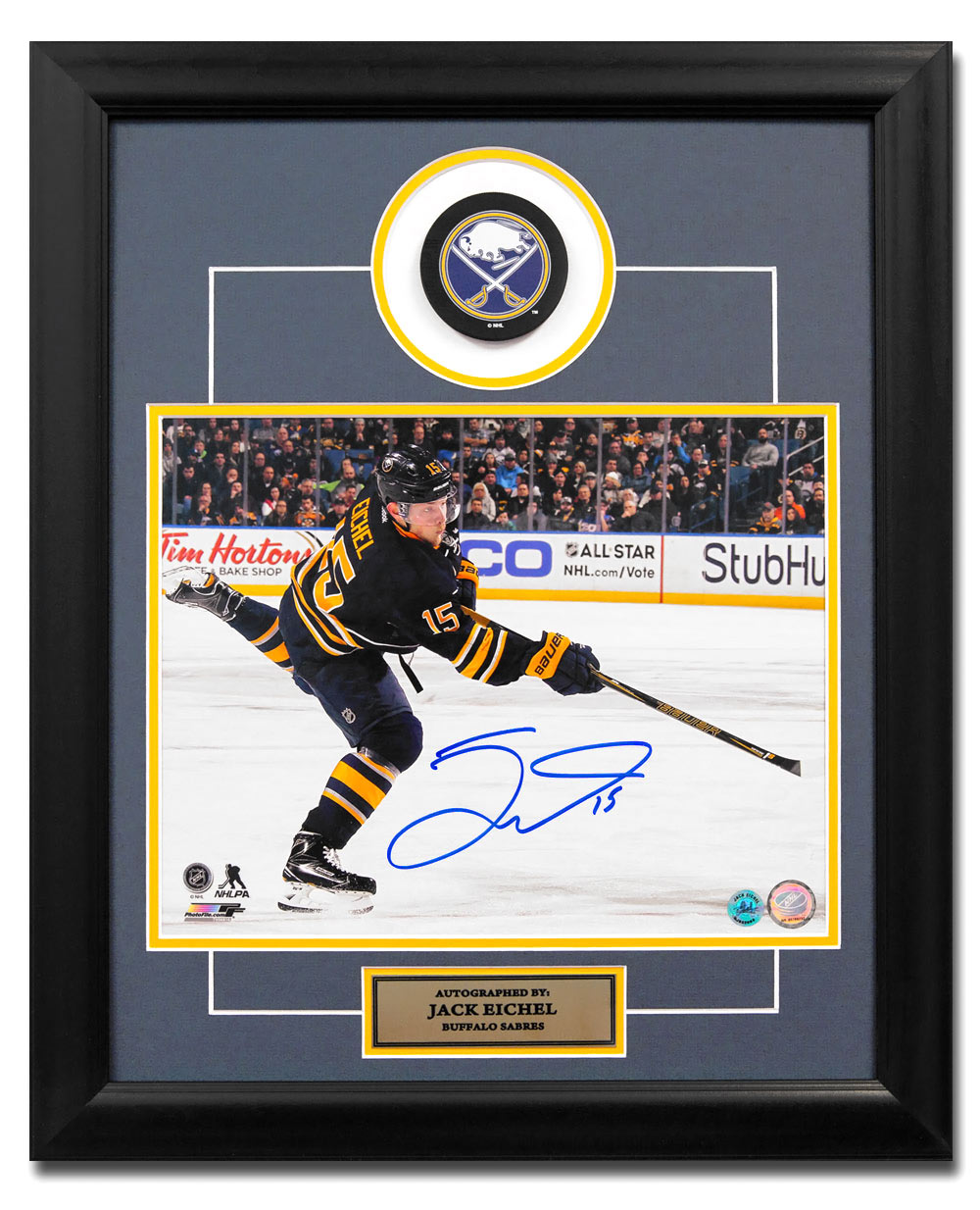 Jack Eichel Buffalo Sabres Autographed Hockey 20x24 Puck Frame product image 1, provided for visual reference and product