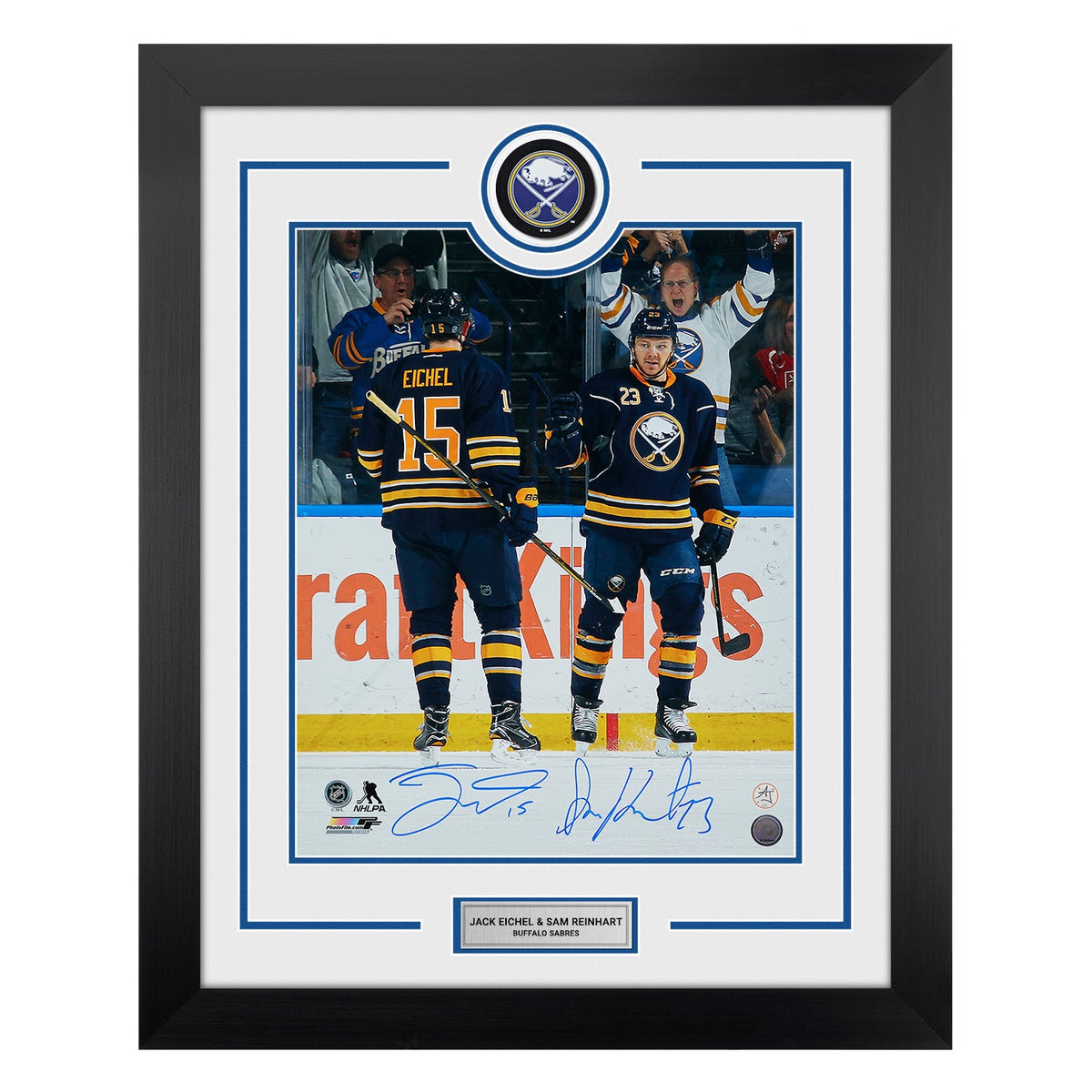 Jack Eichel & Sam Reinhart Dual Signed Buffalo Sabres Puck Logo 26x32 Frame product image 1, provided for visual reference