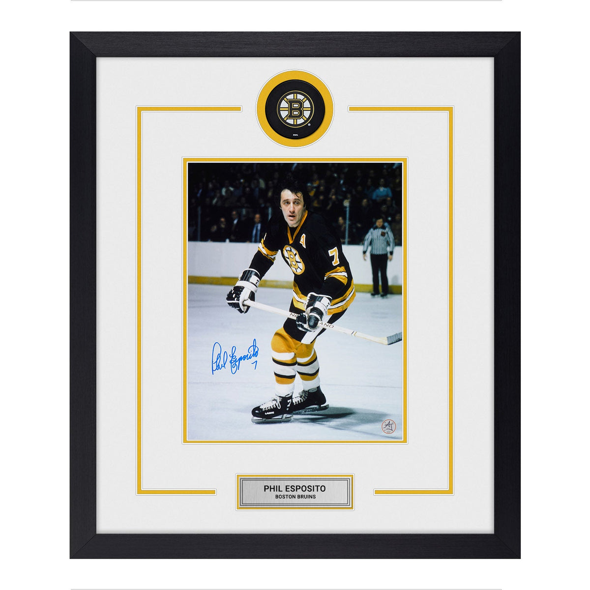 Phil Esposito Autographed Boston Bruins Puck Logo 23x27 Frame product image 1, provided for visual reference and product