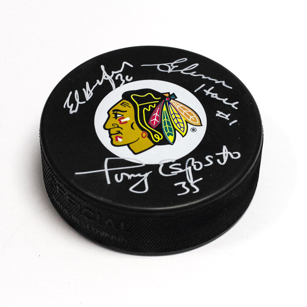 Tony Esposito, Glenn Hall & Ed Belfour Chicago Blackhawks Signed Vezina Puck product image 1, provided for visual reference
